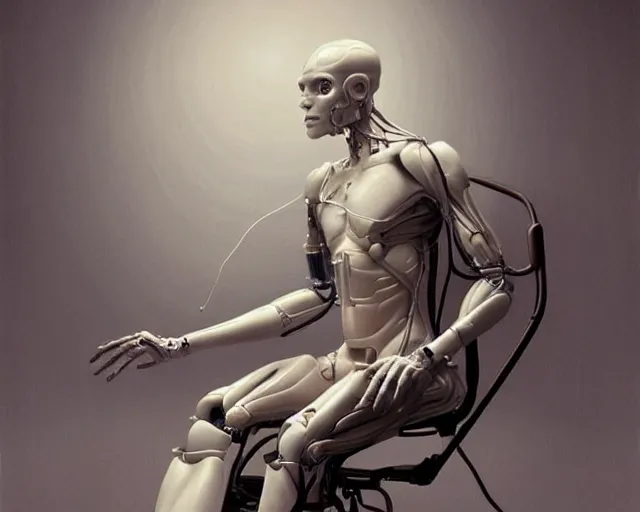 Prompt: a hyperrealistic painting of a human cyborg sitting in a chair with limbs stretched out, tied with electrical cables connected to supercomputers, flood of images flowing from his head, tesseract, vitruvian man, trending on artstation, concept art, insane details, zoomed out