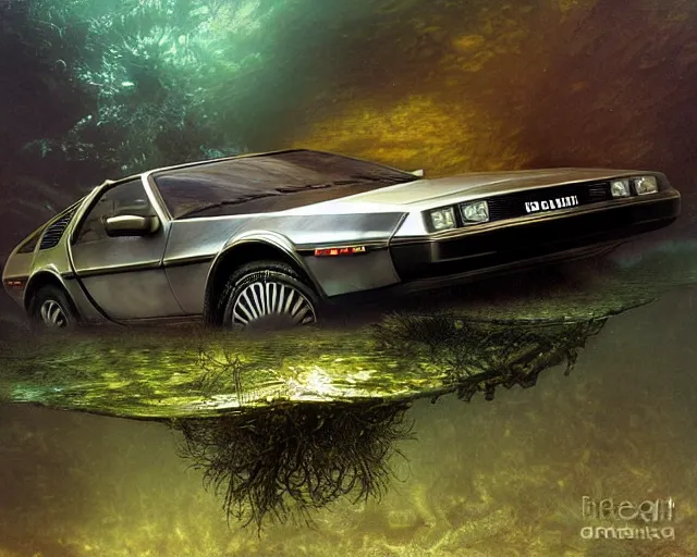 Prompt: delorean rusting submerged under water, cinematic, photoreal, by greg rutowski, by alphonse mucha, by stanley artgerm