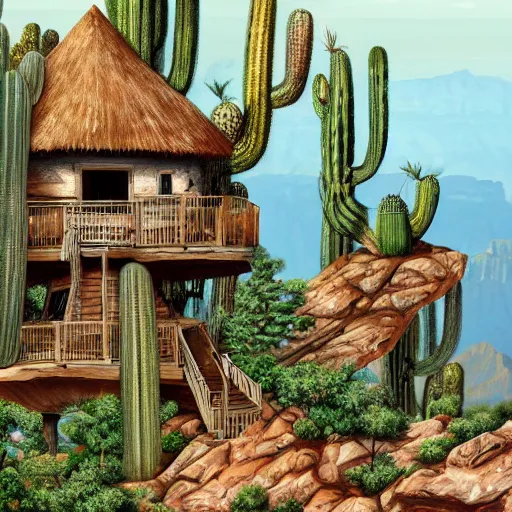 Prompt: fancy treehouse mansion built in a giant cactus on top of plateau overlooking grand canyon detailed 4 k digital painting