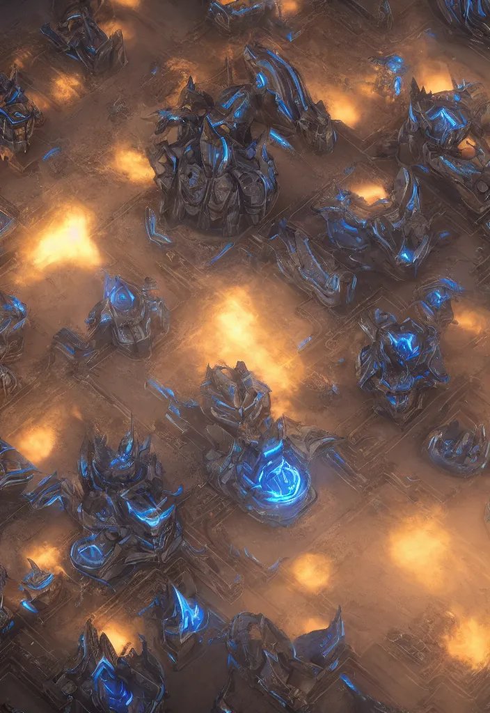 Image similar to protoss base with units warping from the gate, realistic, soft natural volumetric lighting, beautifully detailed 4 k octane render, 4 k post processing 8 k