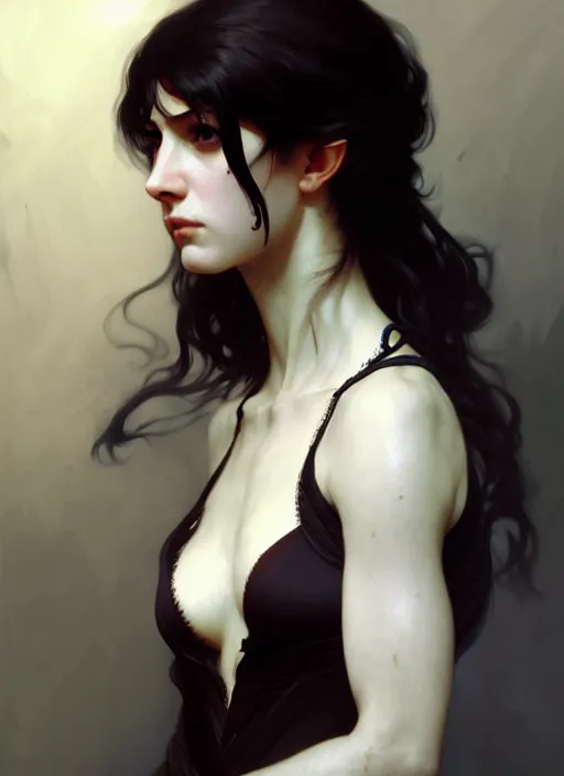 Image similar to character concept portrait of an attractive young Spanish female wizard with pale skin, dark vibe, intricate, elegant, digital painting, concept art, smooth, sharp focus, illustration, from Metal Gear, by Ruan Jia and Mandy Jurgens and William-Adolphe Bouguereau, Artgerm,