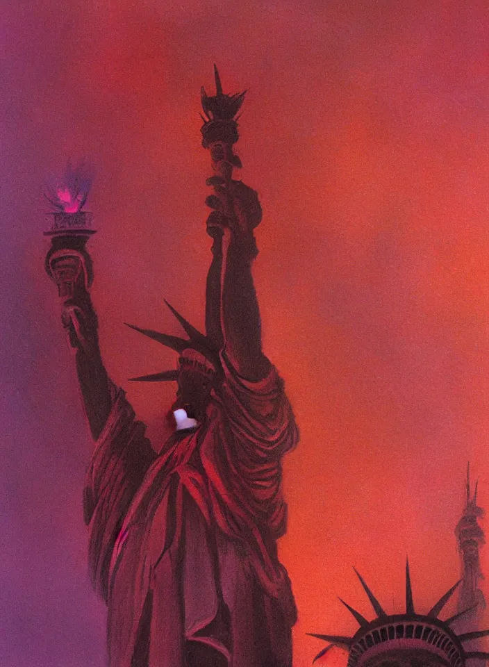 Image similar to beautiful closeup portrait of the statue of liberty in a burning blindfold, red and purple palette, volume light, fog, by ( h. r. giger ) and paul lehr