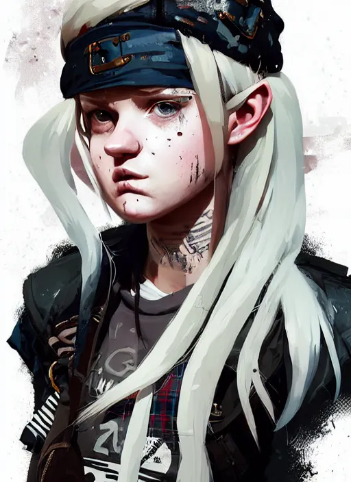 Image similar to highly detailed closeup portrait of a sewer punk swedish female road warrior student, tartan garment, blonde hair pigtails with headband by atey ghailan, by greg rutkowski, by greg tocchini, by james gilleard, by joe fenton, by kaethe butcher, gradient sapphire, black, brown and white color scheme, grunge aesthetic!!! white graffiti tag wall background