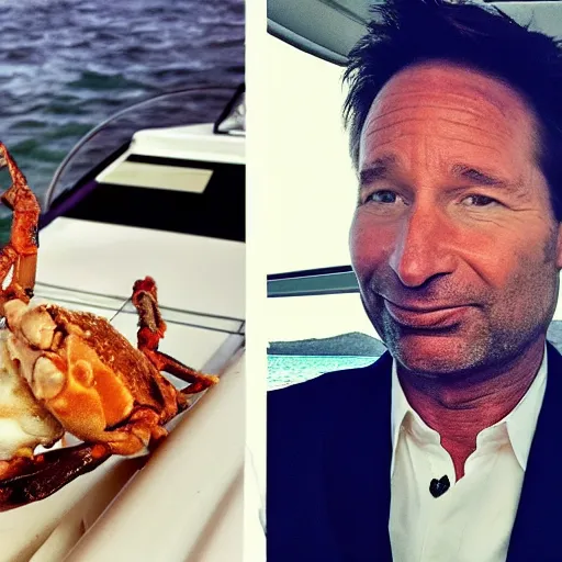 Image similar to photo of david duchovny eating soft shell crab on a yacht in the bahamas at sunset