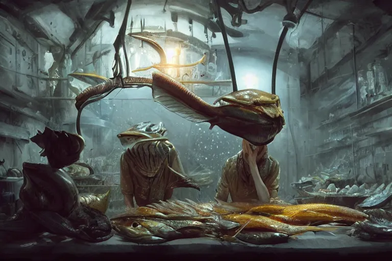 Prompt: fish store. a human shopkeeper. alien fishes. by jean - baptiste monge, high quality, high resolution, 4 k, painted by cgsociety, rutkowski, gurney with ambient lighting, concept art, detailed, smooth, dynamic volumetric cinematic lighting, octane, raytrace