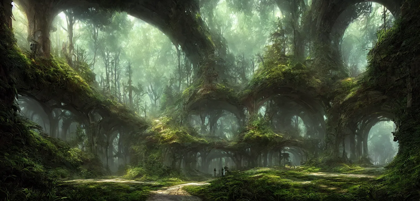 Image similar to tunnel in the middle of a forest, a matte painting by stephan martiniere, featured on cgsociety, fantasy art, matte painting, unreal engine 5, tesseract