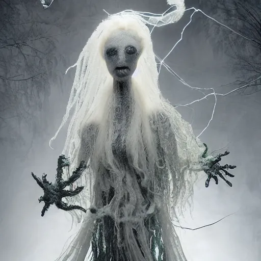 Image similar to ethereal ghostly live action muppet wraith like figure with a parasitic squid head, four long tentacles for arms that flow gracefully at its sides like a cloak, a long fluffy snake tail instead of legs, it stalks around frozen forests searching for lost souls to consume, hides in the shadows of trees, this character uses hydrokinesis and electrokinesis, it is a real muppet by sesame street, photo realistic, real, realistic, felt, stopmotion, photography, sesame street