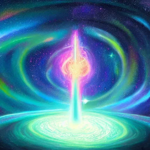 Image similar to highly detailed 8k oil painting of the celestial glowing God of random numbers and infinity quasar, misty, epic composition, neon colors, trending