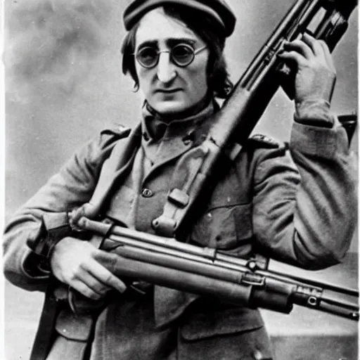 Image similar to old wartime photograph of john lennon holding a lewis gun, 1 9 1 7