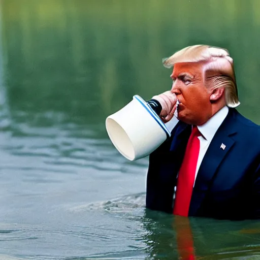 Image similar to national geographic professional photo of trump drinking from a watering hole, award winning