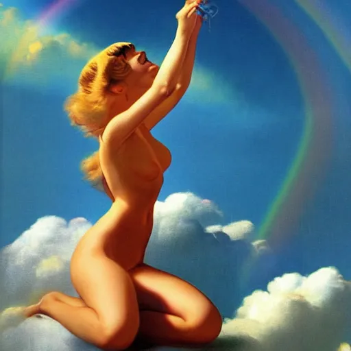 Image similar to a puppy sitting in front of a rainbow that extends to the clouds in heaven, digital art by Gil Elvgren