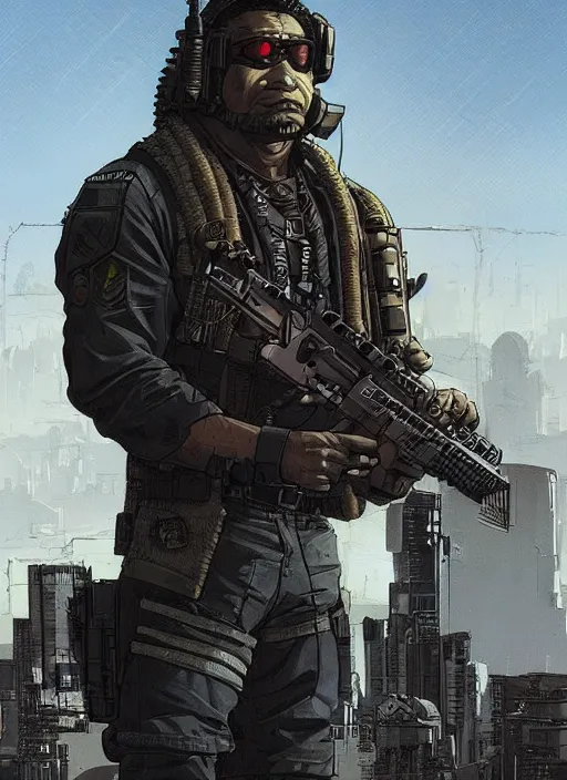 Prompt: Dangerous Tojo. buff Samoan cyberpunk mercenary wearing a cyberpunk tactical headset and military vest. AR-15. square face. Realistic Proportions. Concept art by James Gurney and Laurie Greasley. Moody Industrial skyline. ArtstationHQ. Creative character design for cyberpunk 2077.