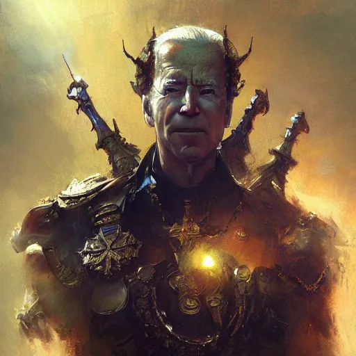 Image similar to god emperor joe biden in the style of craig mullins, greg rutkowski, peter mohrbacher, and drew struzan. epic, majestic, awe inspiring, god rays, fissures, divine, church painting, intricate armor, extreme detail, high octane,