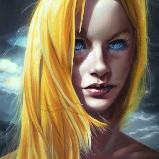 Image similar to oil painting of jinx with golden blonde hair, standing in abandoned building, in style of charlie bowater, detailed face,