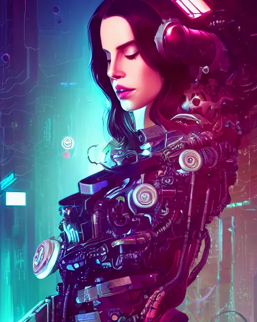 Image similar to portrait of lana del rey as a cyberpunk cyborg. sci - fi intricate abstract. intricate artwork, tear drops, roses, by tooth wu, wlop, beeple, dan mumford. concept art, octane render, trending on artstation, greg rutkowski, asymmetrical, cinematic arthouse, key art, hyper realism, iridescent accents