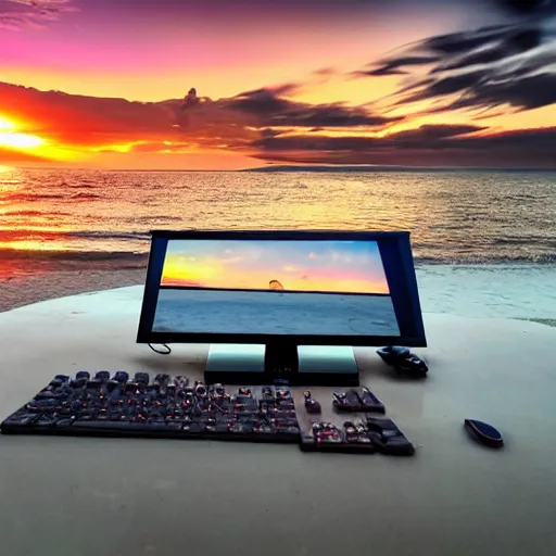 Image similar to desktop gaming pc on the beach near the sea, sunset, cinematic view, 8k, beautiful