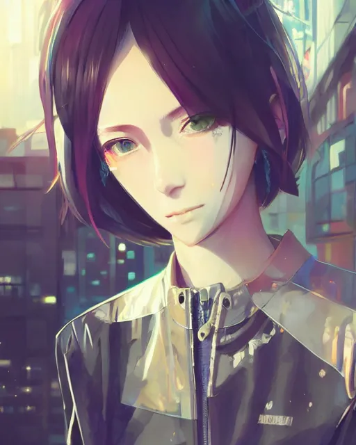 Image similar to kyoto animation, cool girl wearing cyberpunk intricate streetwear, beautiful, detailed portrait, cell shaded, 4 k, concept art, by wlop, ilya kuvshinov, artgerm, krenz cushart, greg rutkowski, pixiv. cinematic dramatic atmosphere, sharp focus, volumetric lighting, cinematic lighting, studio quality