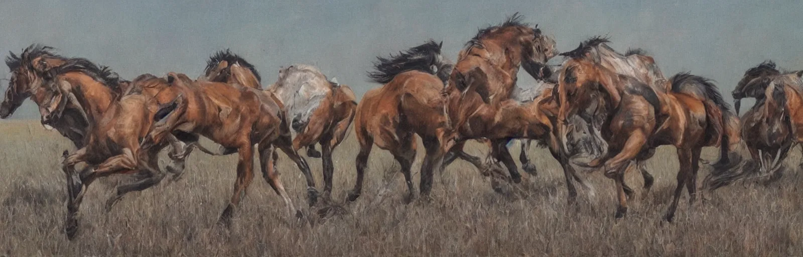 Prompt: lots of horses running through the field, hyper realistic, more details, they might be crawling, original oil on canvas painting by sydney mount