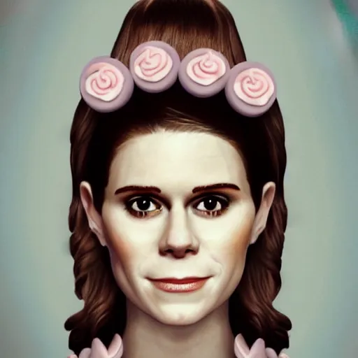 Image similar to cup cakes with vanilla frosting in the shape of the face of kate mara, 4 k, hyperdetailed, photorealism