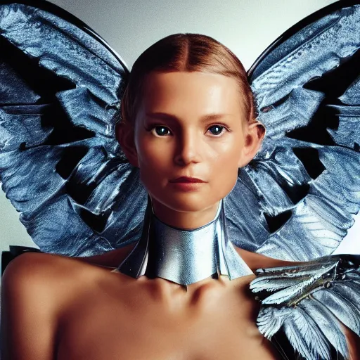 Image similar to UHD candid photo of a robotic Angel, UHD, photorealistic, real wings, correct robot face, photo by Annie Leibowitz