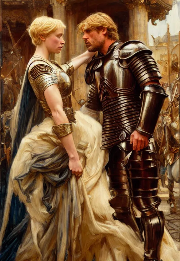 Image similar to attractive fully clothed jaime lannister confesses his love for attractive fully clothed armored brienne of tarth. highly detailed painting by gaston bussiere and j. c. leyendecker 8 k