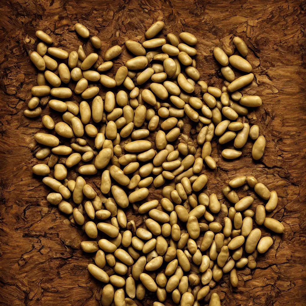 Image similar to large fractal soy beans, with leaves and roots, over vivid dark wood table, geometrical, metaphysical. food photography. super detailed. masterpiece