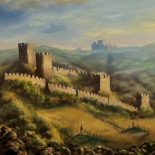 Prompt: a medieval fortress standing on a hill over the countryside, painted by jim lee