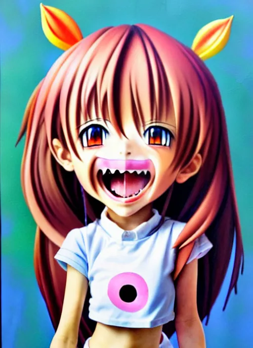 Prompt: a hyperrealistic oil painting of a kawaii anime girl figurine caricature with a big dumb grin featured on nickelodeon by dave mckean