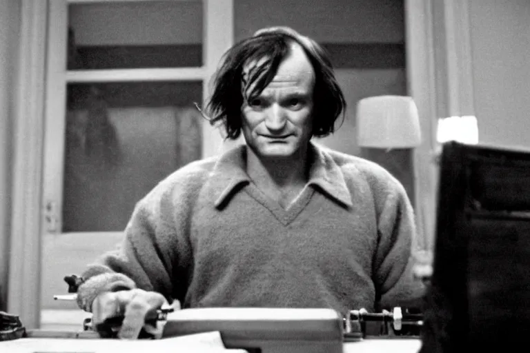Image similar to Robin Williams as Jack Torrance sitting at desk using typewriter in The Shining 1980