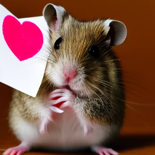 Image similar to detailed photo of a hamster holding a valentine's letter, various poses, full body, unedited, daylight, dof, sharp focus, 8 k