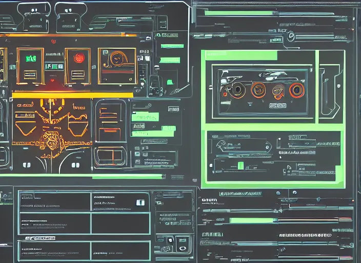 Image similar to cyberpunk graphics user interface ( gui ) depicting operational controls of a mech robot. design by mark coleran or jayse hansen