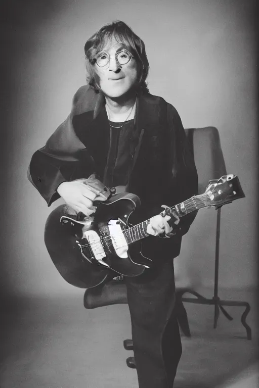 Image similar to 80 years old john lennon posing with a guitar, good-looking old man , promo shoot, studio lighting