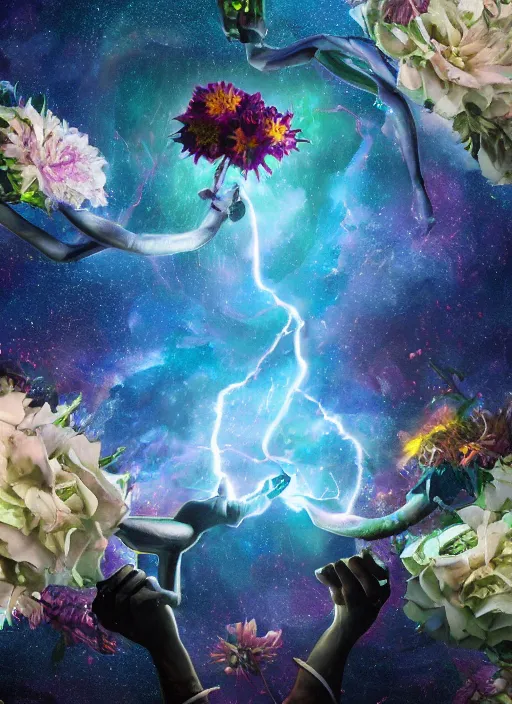 Image similar to An epic fantastic realism comic book style painting of the most beautiful entwined flowers launched across the dark galactic night sky, nebulous bouquets, fisheye lens, unreal 5, DAZ, hyperrealistic, octane render, dynamic lighting