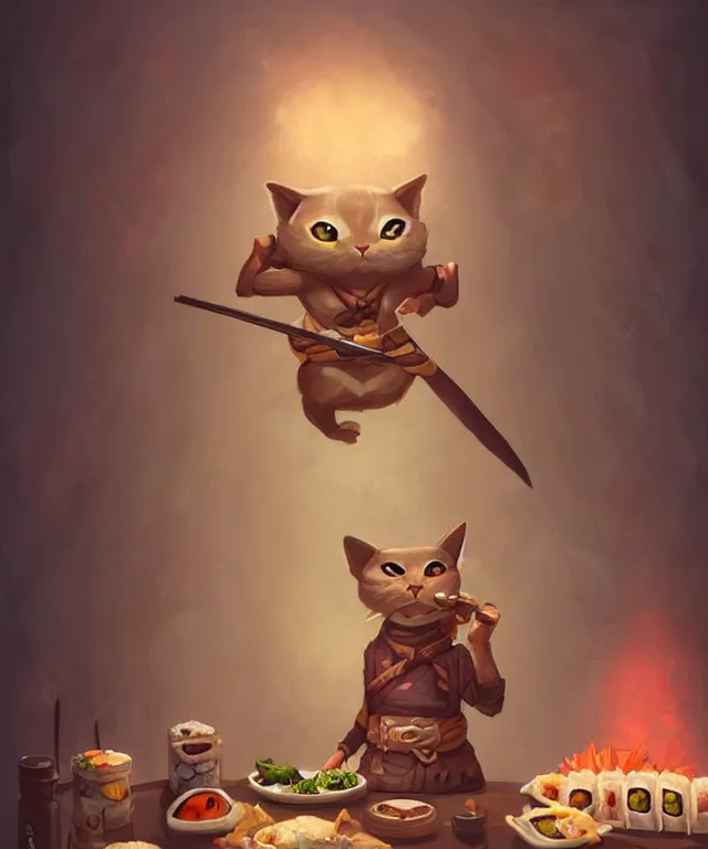 Image similar to a portrait of an anthropomorphic ninja cat eating sushi,, standing in a restaurant surrounded by mice!, cute and adorable, dnd character art portrait, well rendered matte fantasy painting, deviantart artstation, by jason felix by steve argyle by tyler jacobson by peter mohrbacher, cinematic lighting