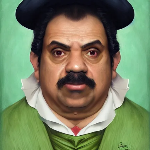 Image similar to hyper realistic, realistic - anime, portrait, beautifully rendered, italian garb, caricature, luis guzman as luigi wearing green, smirking deviously, luigi, luigi's nose, painted by jan van eyck, albrecht durer, gustave courbet, greg rutkowski, wlop, artgerm, dishonored 2,