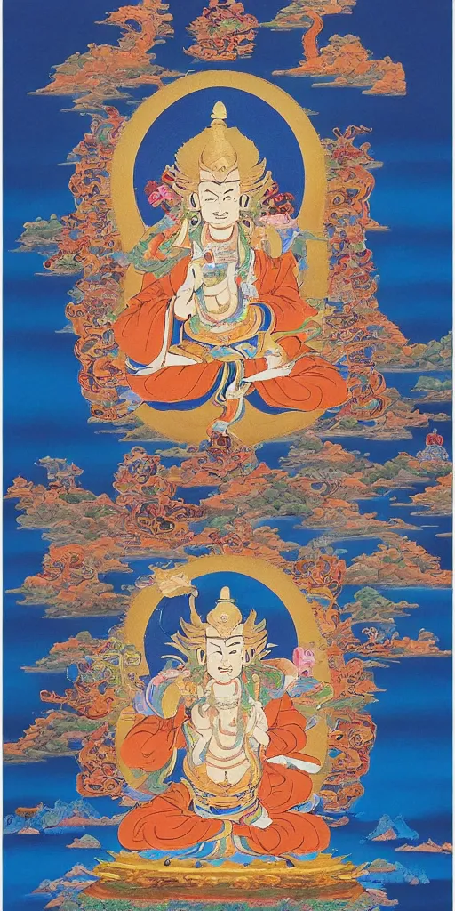 Image similar to a Beautifully exquisite WUKONG Thangka, with intricate details and bright colors. The background is a deep blue, with mountains and clouds. The thangka is framed in a gold border, from which rays of light are emanating, by WU DAOZI, zhang xuan, qiu ying, Chris Saunders,