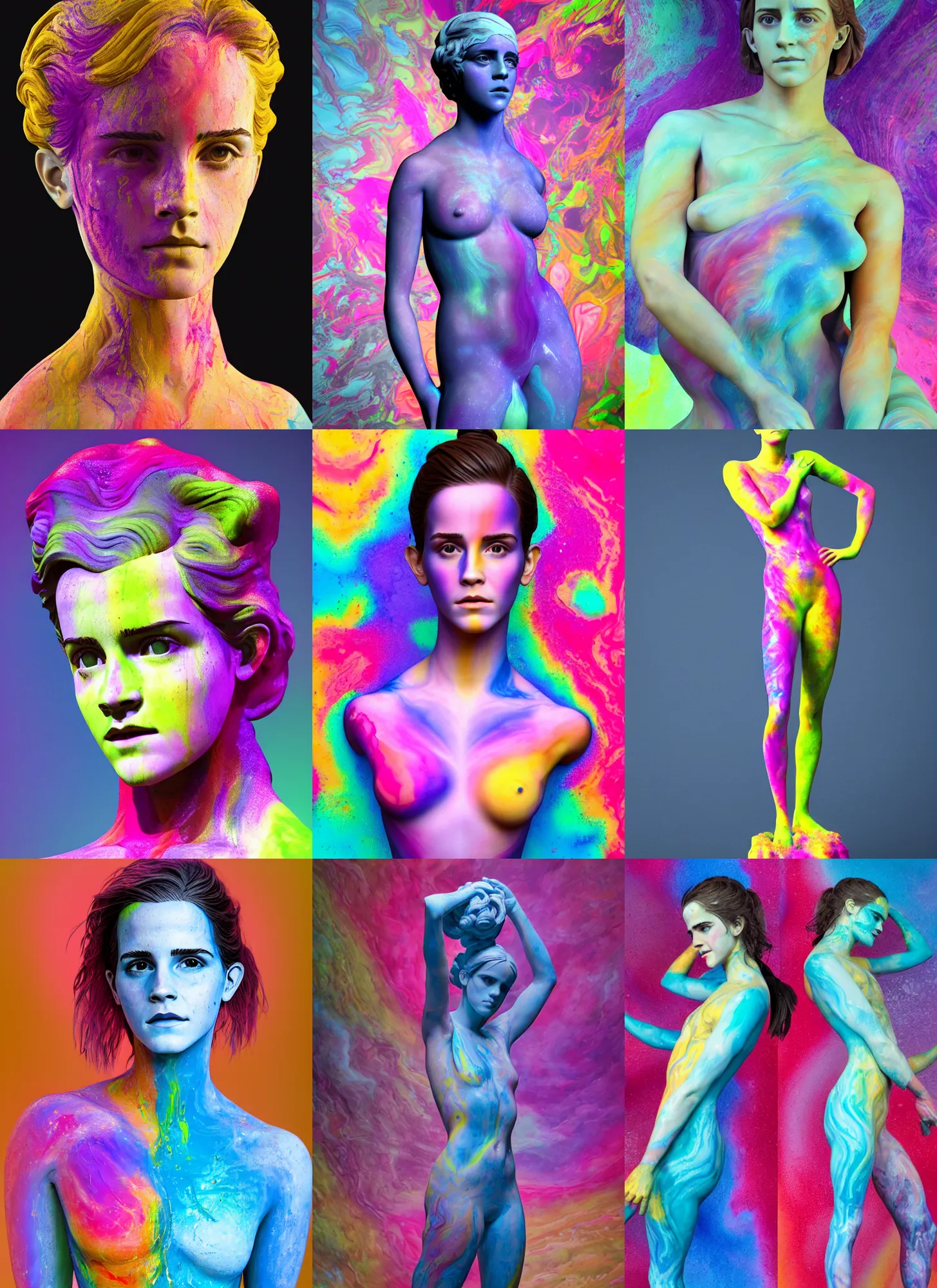 Prompt: 3D print marble sculpture of Emma Watson by Jean-Baptiste Carpeaux and Luo Li Rong and Michael James Talbot, standing posture hands behind back, colorful, bright psychedelic colors, bodypaint, acrylic paint splashes, full length shot, elegant, realistic, 8K, female full-skin figure, hyperrealism, subsurface scattering, raytracing, soft light, Octane Render, Redshift, Zbrush
