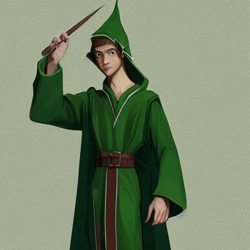 Prompt: A portrait of a adolescent male half-elf wizard who is tall and slim, short brown hair, smiling, deep green eyes, green shirt, college, learning, robes, staff, focus on face, sharp focus, highly detailed, photograph, cinematic, dynamic lighting, trending on artstation.