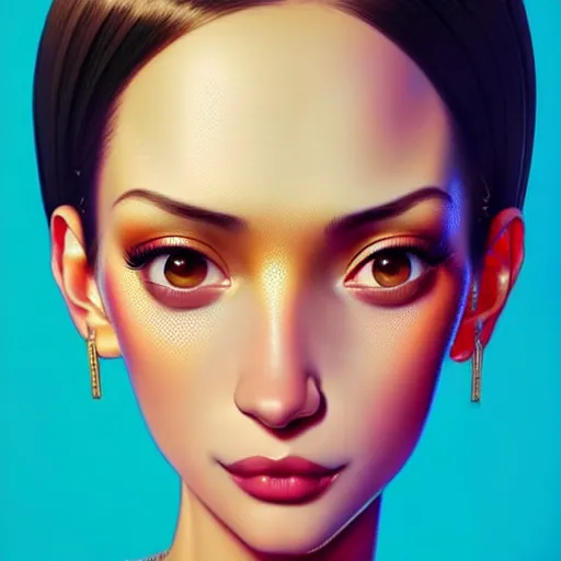 Image similar to a beautiful skinny latina wearing fashionable dress with head tilted back, focus close on eyes realistic skin texture, eighties holographic art by ilya kuvshinov lois van baarle ross tran range murata artgerm katsuhiro otomo norman rockwell, highly detailed intricately sharp focus, bedroom eyes trending on pinterest vogue italia unreal engine 5, 4 k uhd image