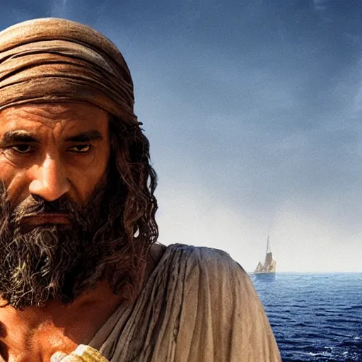 Prompt: Mediterranean man as Moses in a movie directed by Christopher Nolan, movie still frame, promotional image, imax 70 mm footage