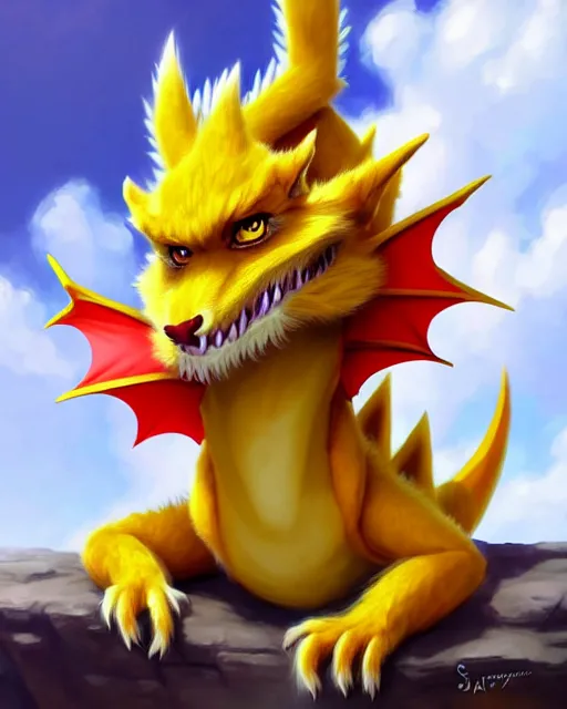 Image similar to character concept art of a cute young male anthropomorphic yellow dragon furry | | cute - fine - face, pretty face, key visual, realistic shaded perfect face, fine details by stanley artgerm lau, wlop, rossdraws, james jean, andrei riabovitchev, marc simonetti, and sakimichan, trending on artstation