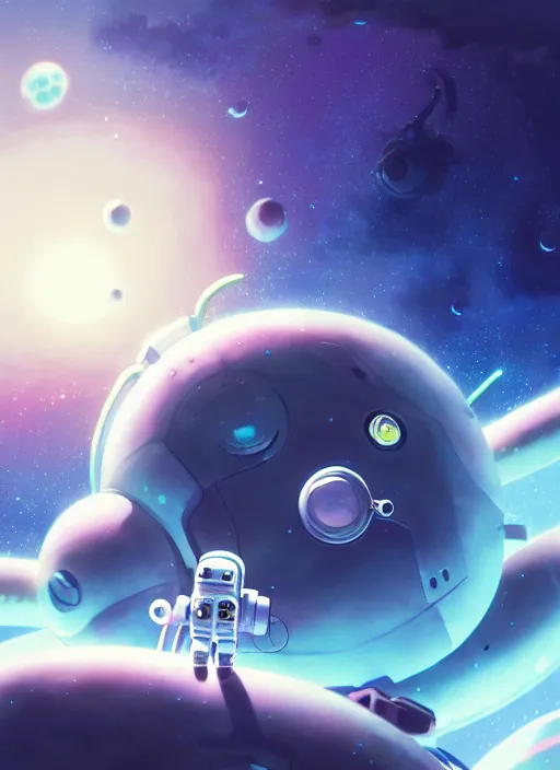 Image similar to a still of a cute kawaii astronaut android floating around a large biomechanical kaiju dragon, nebulous background of dynamic space, a dramatic composition by wlop and greg rutkowski and makoto shinkai and studio ghibli and kyoto animation cute bubbly clothing, highly detailed, digital painting, matte