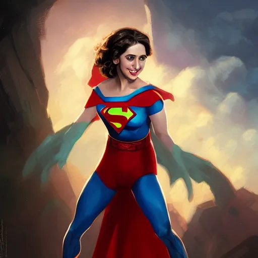 Image similar to Alison brie, dressed as Superman ultra wide lens shot , tiny, small, short, cute and adorable, pretty, beautiful, DnD character art portrait, matte fantasy painting, DeviantArt Artstation, by Jason Felix by Steve Argyle by Tyler Jacobson by Peter Mohrbacher, cinematic lighting