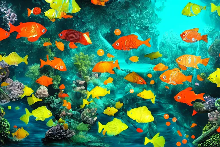 Image similar to ultra realistic underwater photography, panoramic picture of a river with ( subject : one very big exotic brightly coloured fish ). lots of bubbles. wavy, scattered light entering from the water surface, artstation, focus on the fish, extremely hyperrealistic crisply sharp fish, 8 k