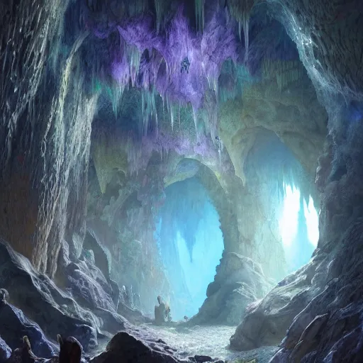 Prompt: A beautiful hyper realistic detailed matte painting of a cavern full of crystal formations, geode, quartz, amethyst. John Howe, Andreas Rocha, dynamic lighting, dramatic lighting, cinematic lighting, unreal engine, featured on artstation, physically based rendering