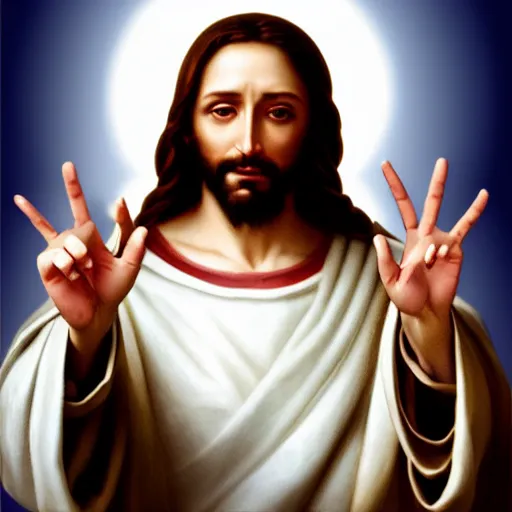 Image similar to uhd real 8 k photo of jesus showing his middle finger, digital art, portrait, portrait concept art, special effects, finely detailed, studio lighting, correct details, correct face, accurate middle finger
