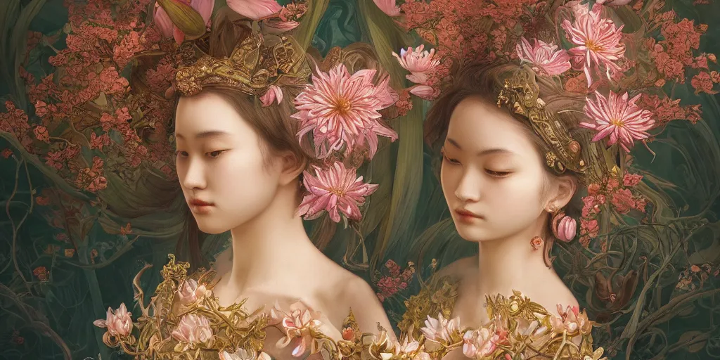 Image similar to breathtaking detailed concept art painting of the goddess of water lily flowers, orthodox saint, with anxious, piercing eyes, ornate background, amalgamation of leaves and flowers, by Hsiao-Ron Cheng, extremely moody lighting, 8K