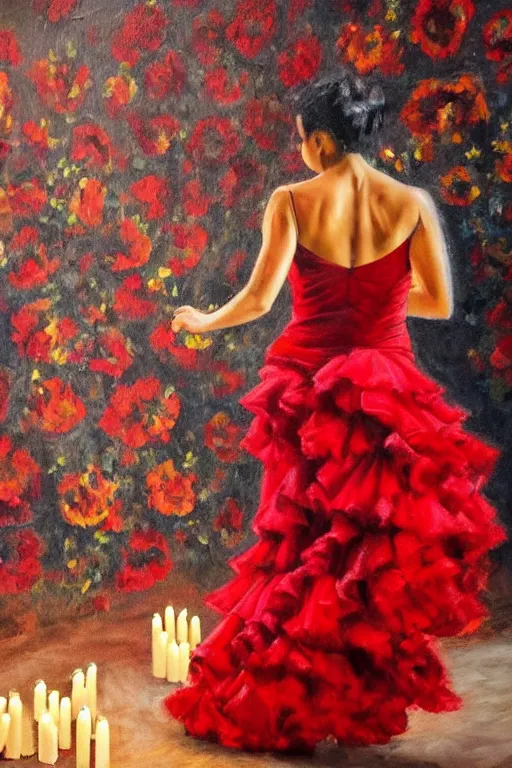 Prompt: detailedoil painting of spanish flamenco dancer in mallorca wearing a red dress made of flowers, dimly lit by candles on the ground, looking away, dark shadows, photo realistic, extreme detail skin, no filter, slr, 4 k, high definition