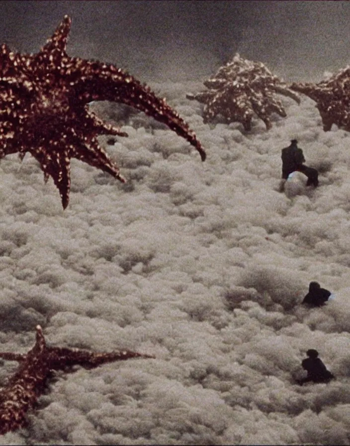 Image similar to a filmstill of a north korean monster movie, kaiju - eiga monster starfish - like trampling a traditional korean palace, foggy, film noir, epic battle, etheral, explosions, communist starfish, thriller, by akira kurosawa and wes anderson video compression