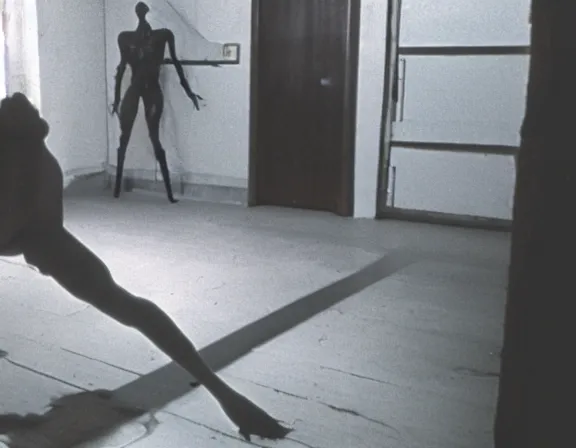 Prompt: medium size room with figure film still 1 9 9 2 industrial body horror